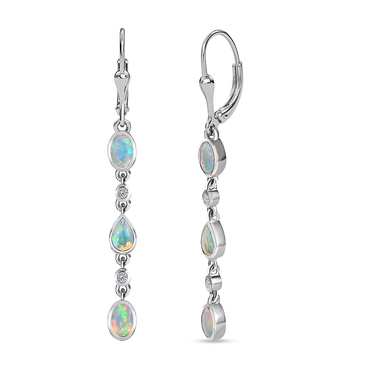 Ethiopian Welo Opal and Natural Zircon Dangle Earrings in Platinum Overlay Sterling Silver 1.80 Ct.