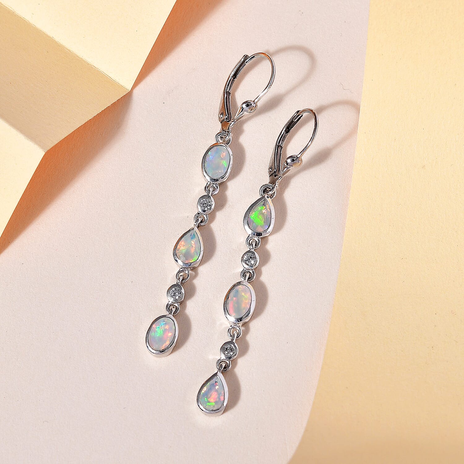 Ethiopian Welo Opal and Natural Zircon Dangle Earrings in Platinum Overlay Sterling Silver 1.80 Ct.