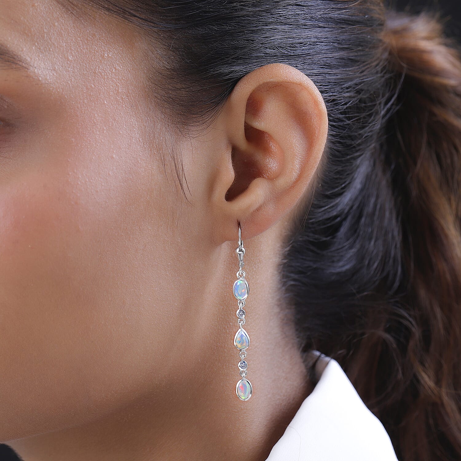 Ethiopian Welo Opal and Natural Zircon Dangle Earrings in Platinum Overlay Sterling Silver 1.80 Ct.