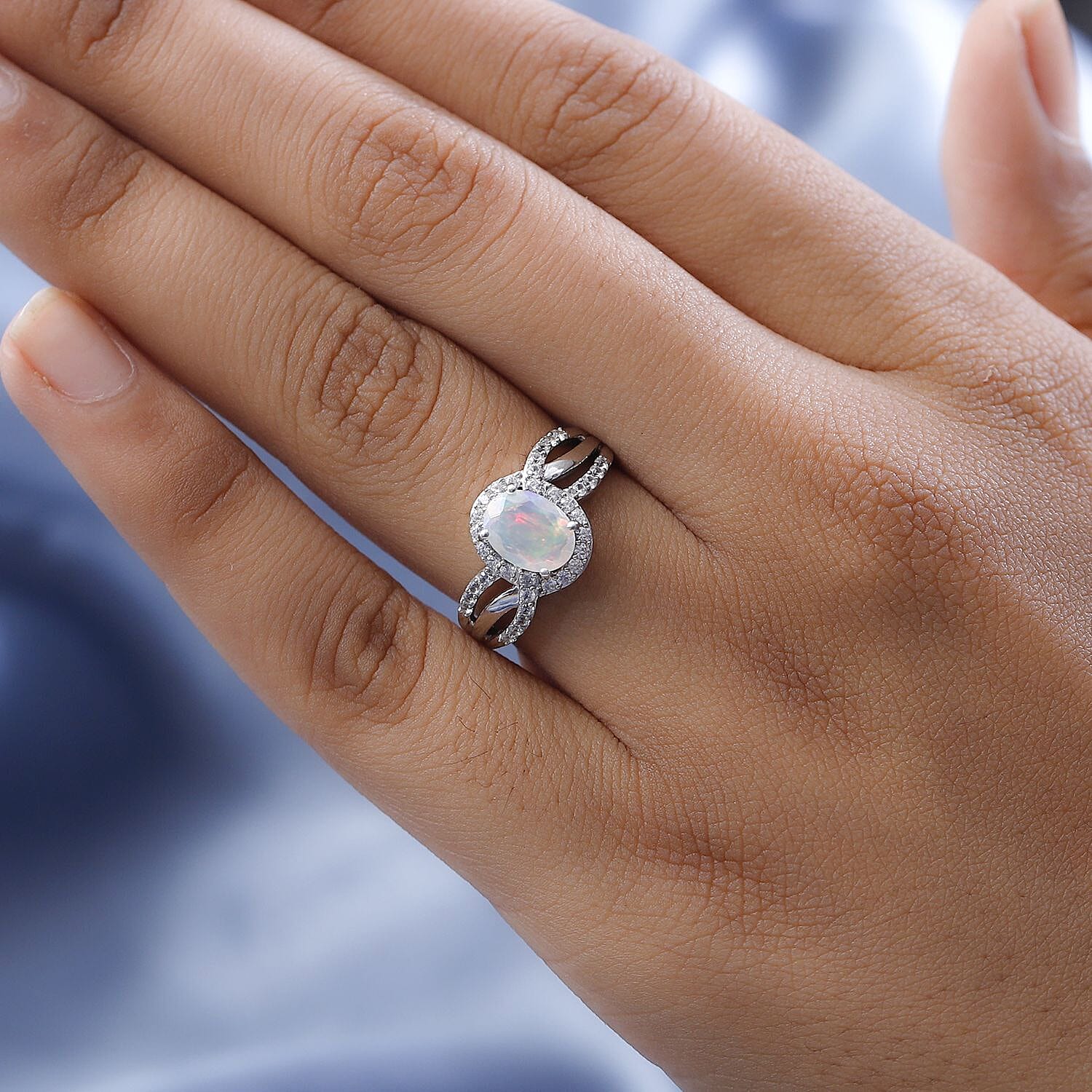Ethiopian Welo Opal and Natural Zircon Ring in Platinum Overlay Sterling Silver 1.22 Ct.
