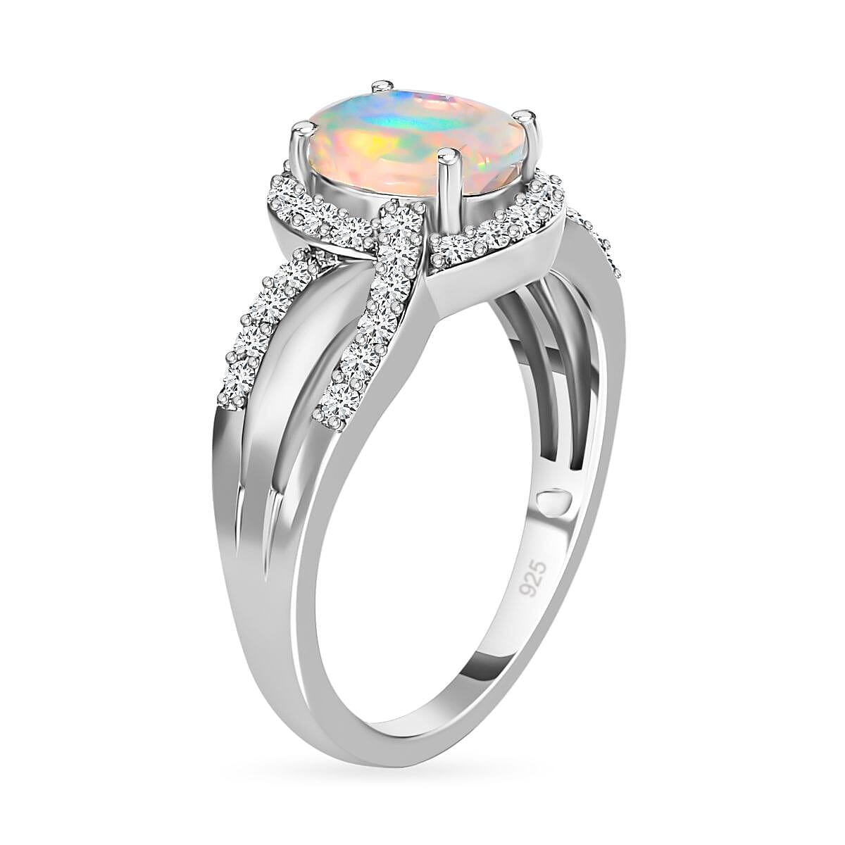 Ethiopian Welo Opal and Natural Zircon Ring in Platinum Overlay Sterling Silver 1.22 Ct.