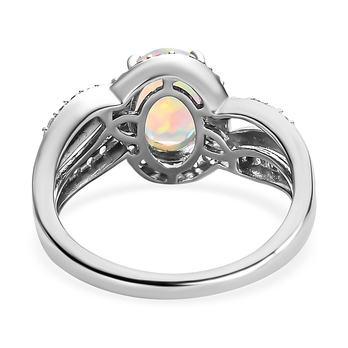 Ethiopian Welo Opal and Natural Zircon Ring in Platinum Overlay Sterling Silver 1.22 Ct.