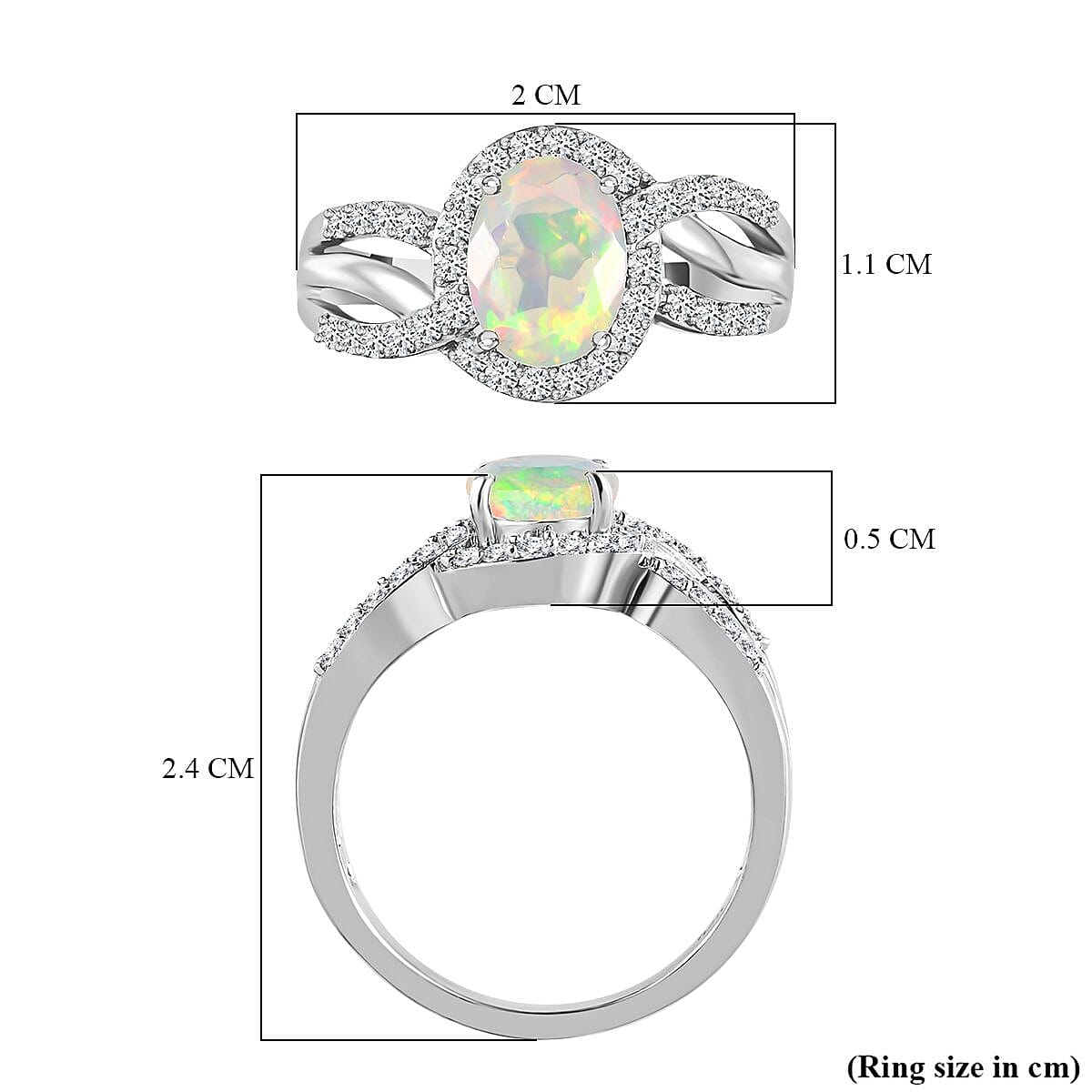Ethiopian Welo Opal and Natural Zircon Ring in Platinum Overlay Sterling Silver 1.22 Ct.