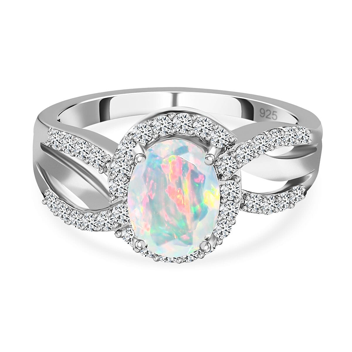 Ethiopian Welo Opal and Natural Zircon Ring in Platinum Overlay Sterling Silver 1.22 Ct.