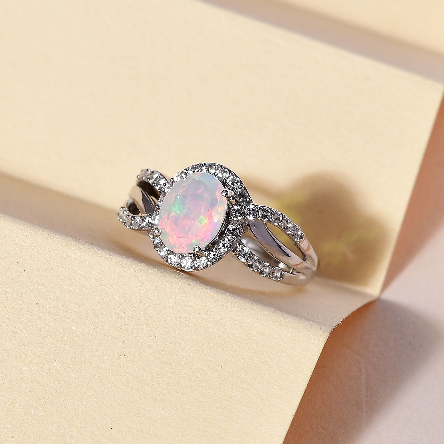 Ethiopian Welo Opal and Natural Zircon Ring in Platinum Overlay Sterling Silver 1.22 Ct.