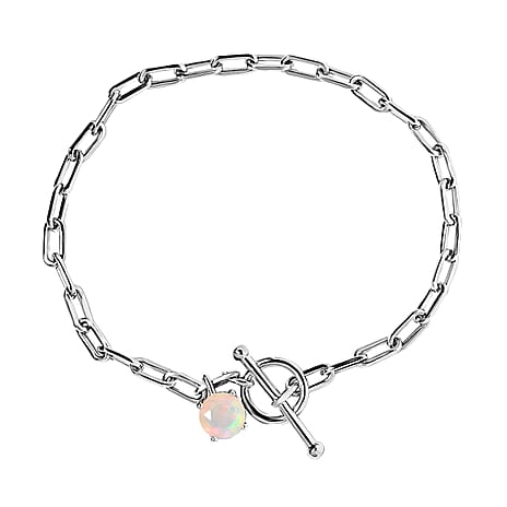 Ethiopian Welo Opal Paperclip Bracelet (Size - 7.5) with T Bar Clasp in Platinum Overlay Sterling Silver