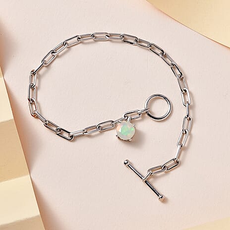 Ethiopian Welo Opal Paperclip Bracelet (Size - 7.5) with T Bar Clasp in Platinum Overlay Sterling Silver