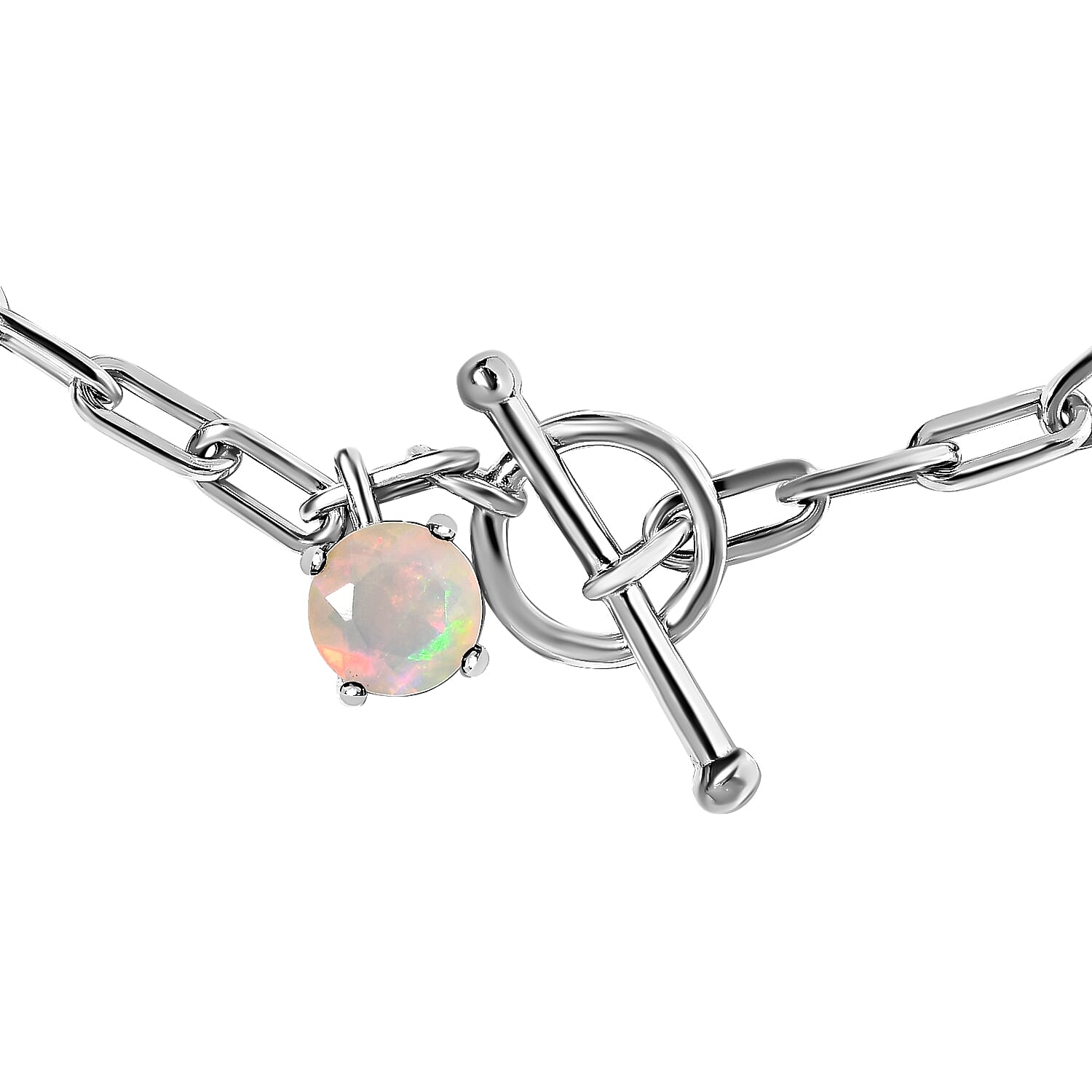 Ethiopian Welo Opal Paperclip Bracelet (Size - 7.5) with T Bar Clasp in Platinum Overlay Sterling Silver
