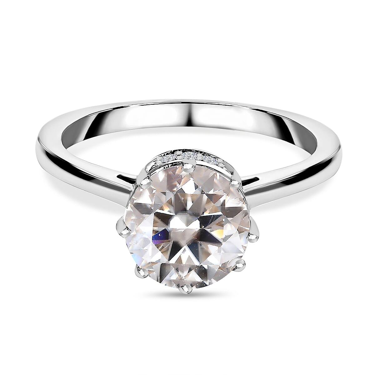 Moissanite Solitaire Ring in Platinum Overlay Sterling Silver 2.06 Ct.
