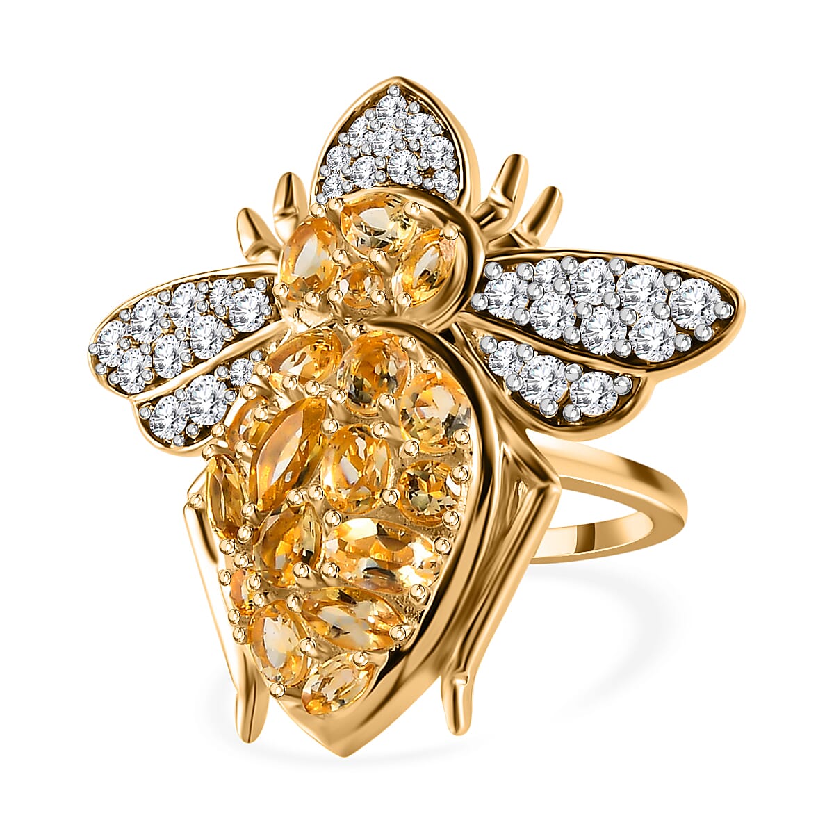 GP- Italian Garden Collection - Citrine & Natural Zircon Bee Ring in 18K Yellow Gold Vermeil Plated Sterling Silver 3.12 Ct, Silver Wt. 7.6 Gms.