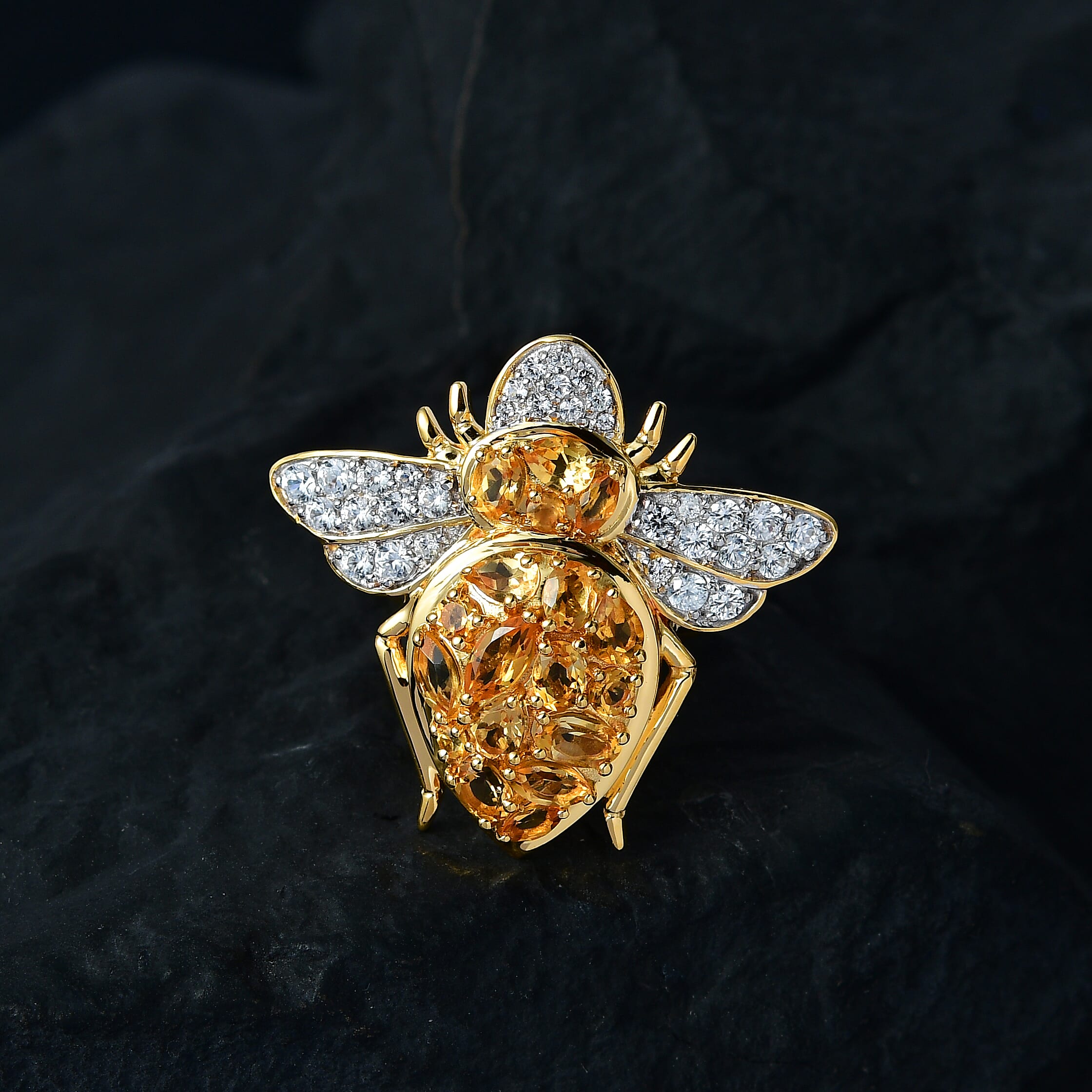 GP- Italian Garden Collection - Citrine & Natural Zircon Bee Ring in 18K Yellow Gold Vermeil Plated Sterling Silver 3.12 Ct, Silver Wt. 7.6 Gms.