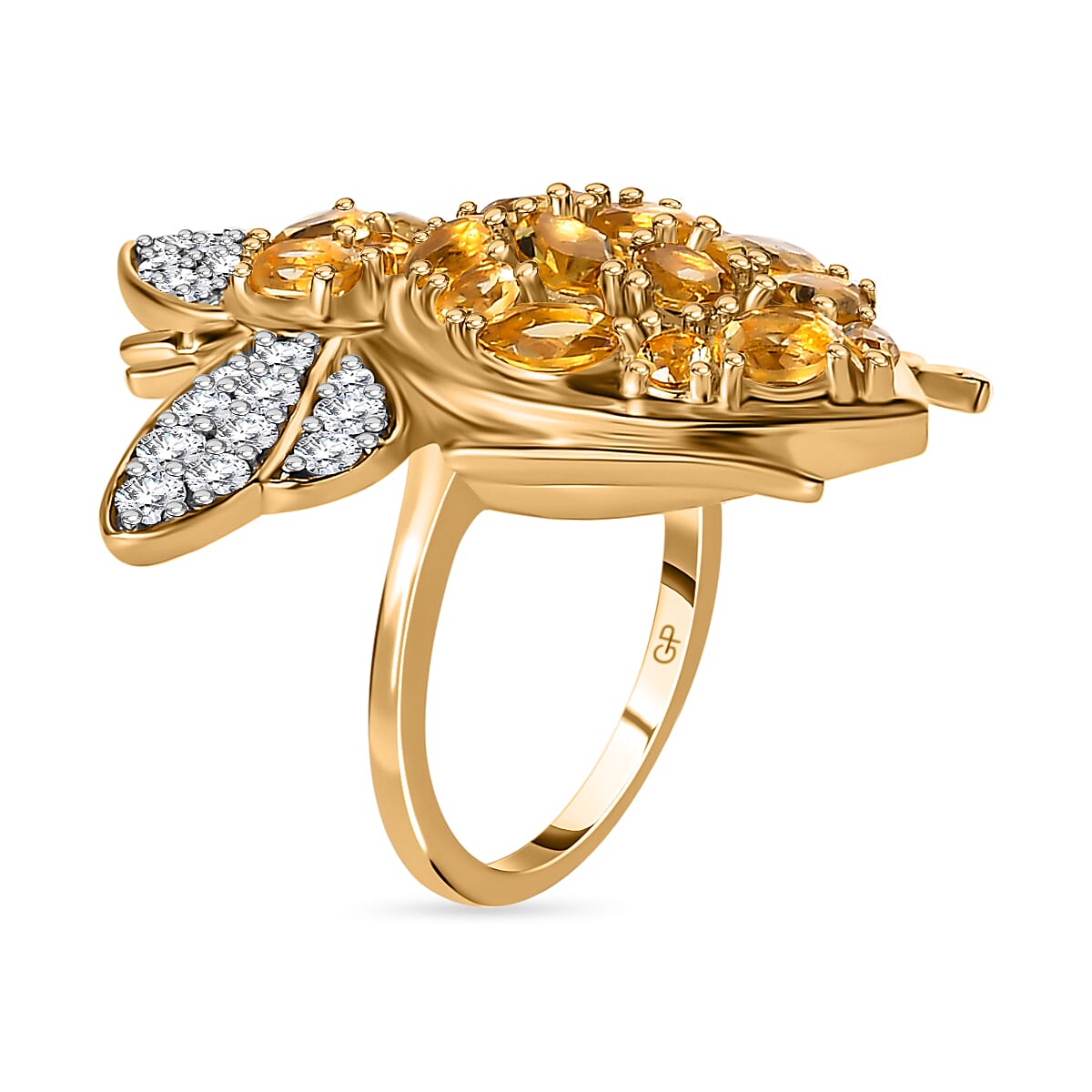 GP- Italian Garden Collection - Citrine & Natural Zircon Bee Ring in 18K Yellow Gold Vermeil Plated Sterling Silver 3.12 Ct, Silver Wt. 7.6 Gms.