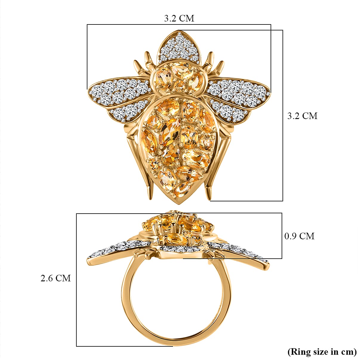 GP- Italian Garden Collection - Citrine & Natural Zircon Bee Ring in 18K Yellow Gold Vermeil Plated Sterling Silver 3.12 Ct, Silver Wt. 7.6 Gms.