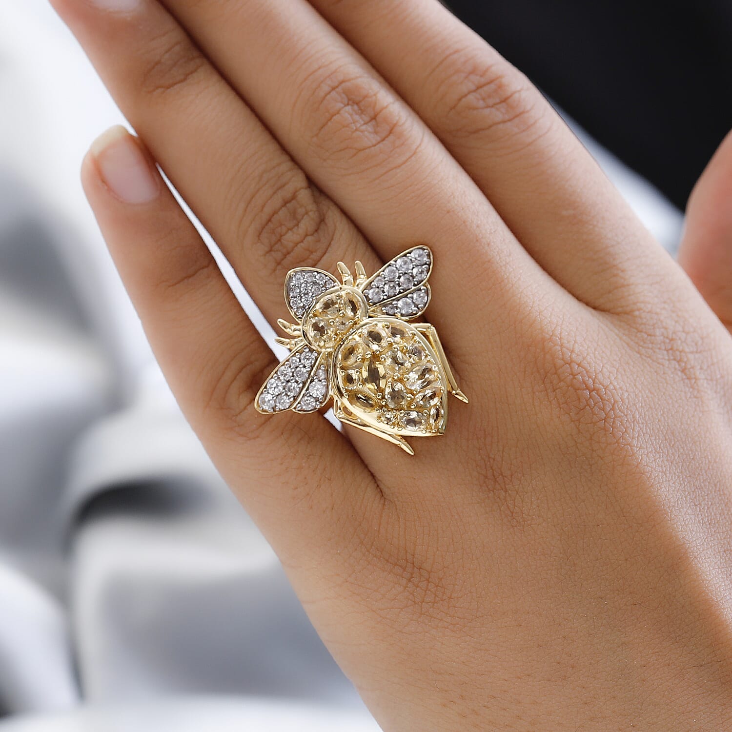 GP- Italian Garden Collection - Citrine & Natural Zircon Bee Ring in 18K Yellow Gold Vermeil Plated Sterling Silver 3.12 Ct, Silver Wt. 7.6 Gms.