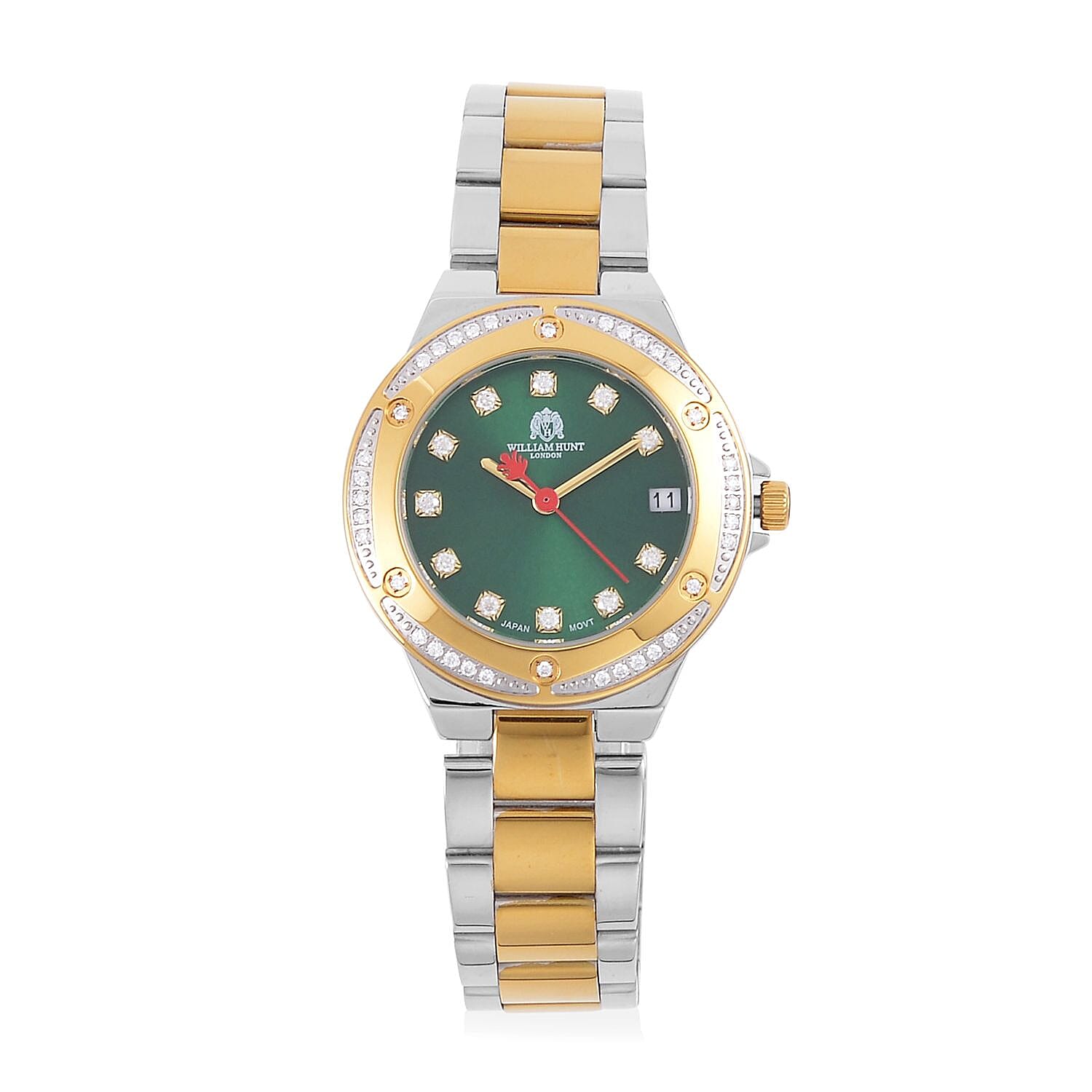 William Hunt Miyota Moissanite Studded Green Dial Water Resistant Watch with Two-Tone Chain Strap