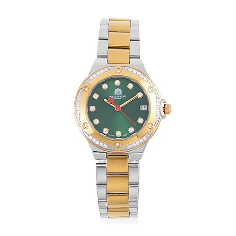 William Hunt Miyota Moissanite Studded Green Dial Water Resistant Watch with Two-Tone Chain Strap