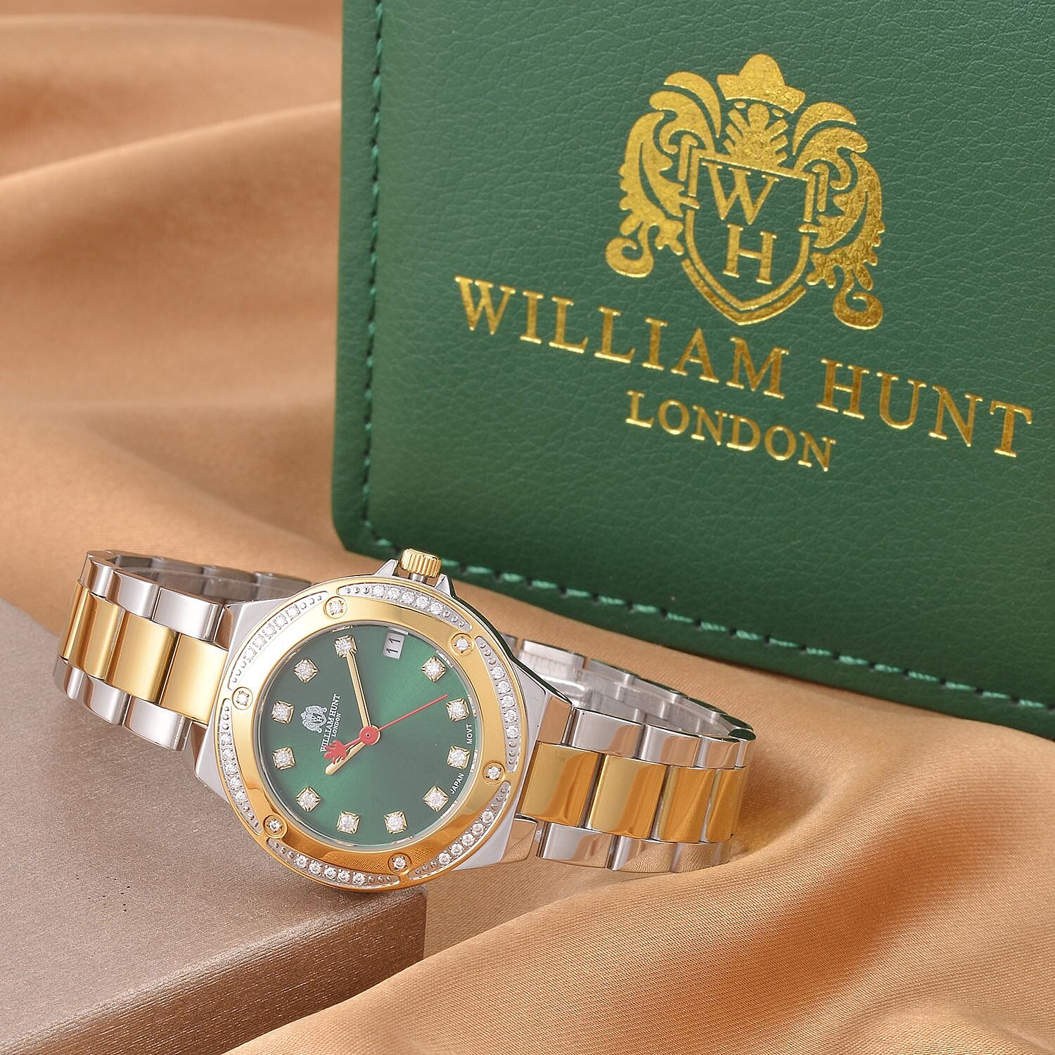 William Hunt Miyota Moissanite Studded Green Dial Water Resistant Watch with Two-Tone Chain Strap