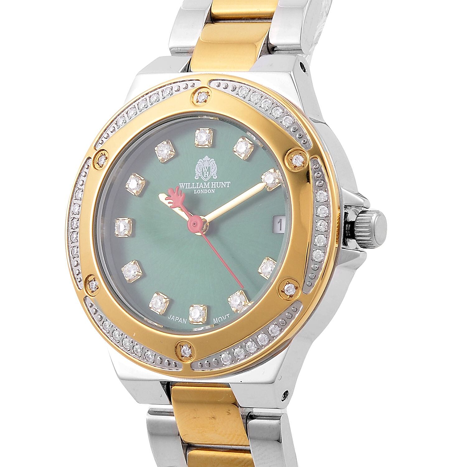 William Hunt Miyota Moissanite Studded Green Dial Water Resistant Watch with Two-Tone Chain Strap