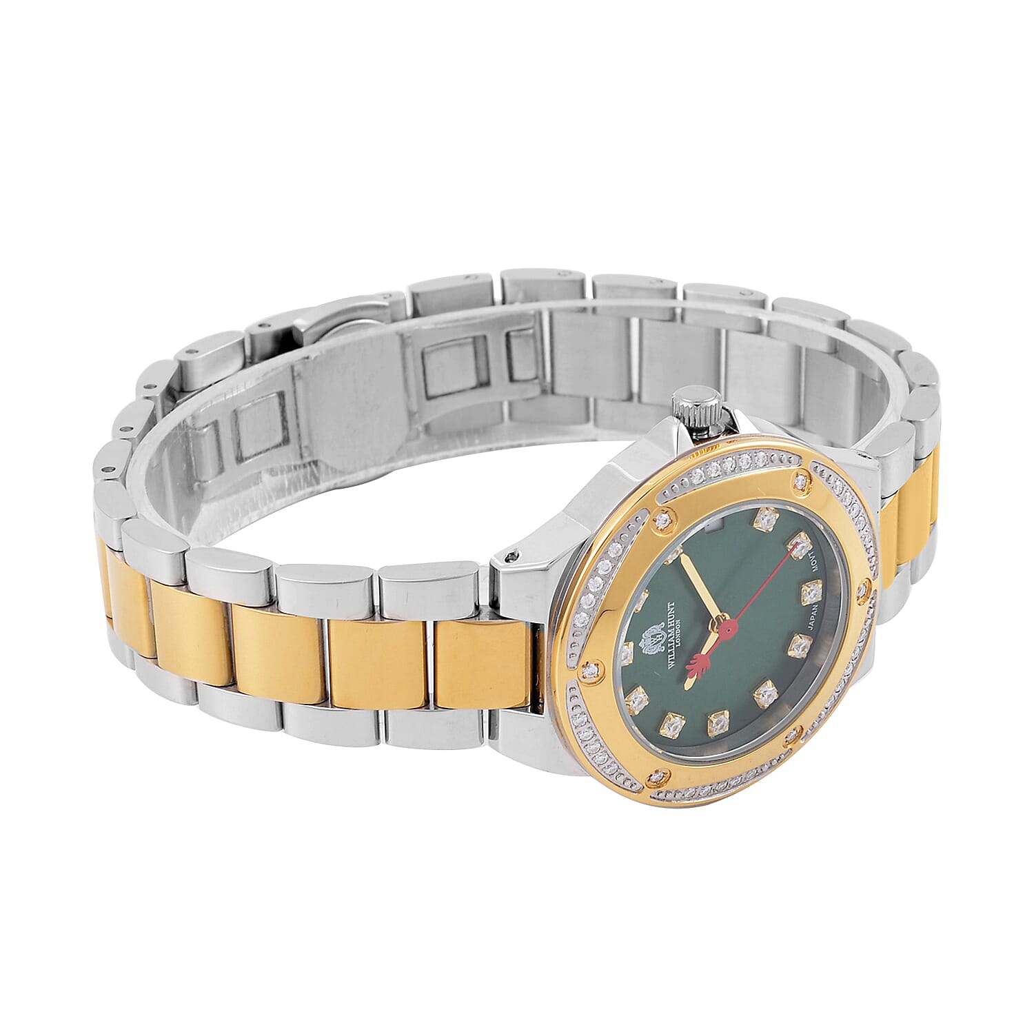 William Hunt Miyota Moissanite Studded Green Dial Water Resistant Watch with Two-Tone Chain Strap William Hunt Miyota Moissanite Studded Green Dial Water Resistant Watch with Two-Tone Chain Strap