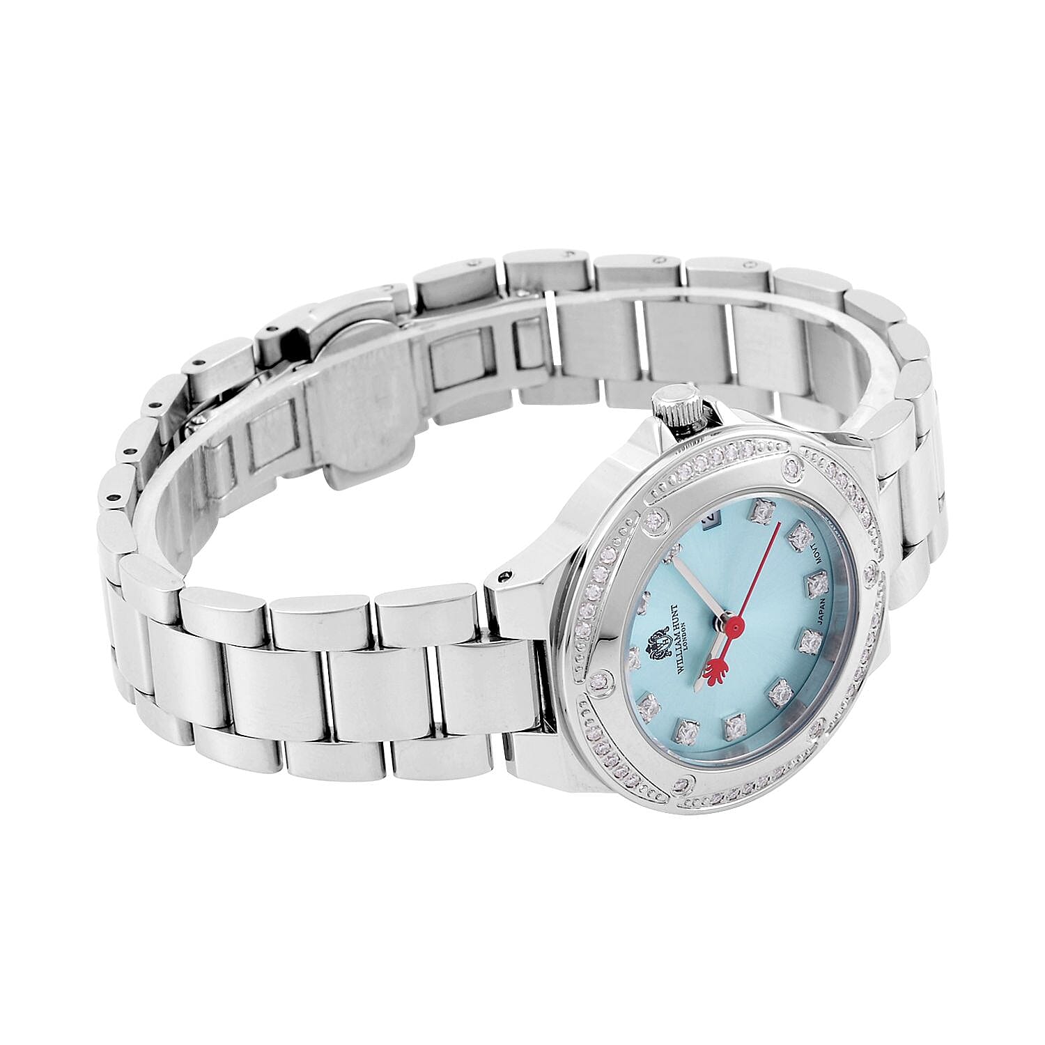William Hunt Miyota Moissanite Studded Blue Dial Water Resistant Watch with Silver Chain Strap William Hunt Miyota Moissanite Studded Blue Dial Water Resistant Watch with Silver Chain Strap