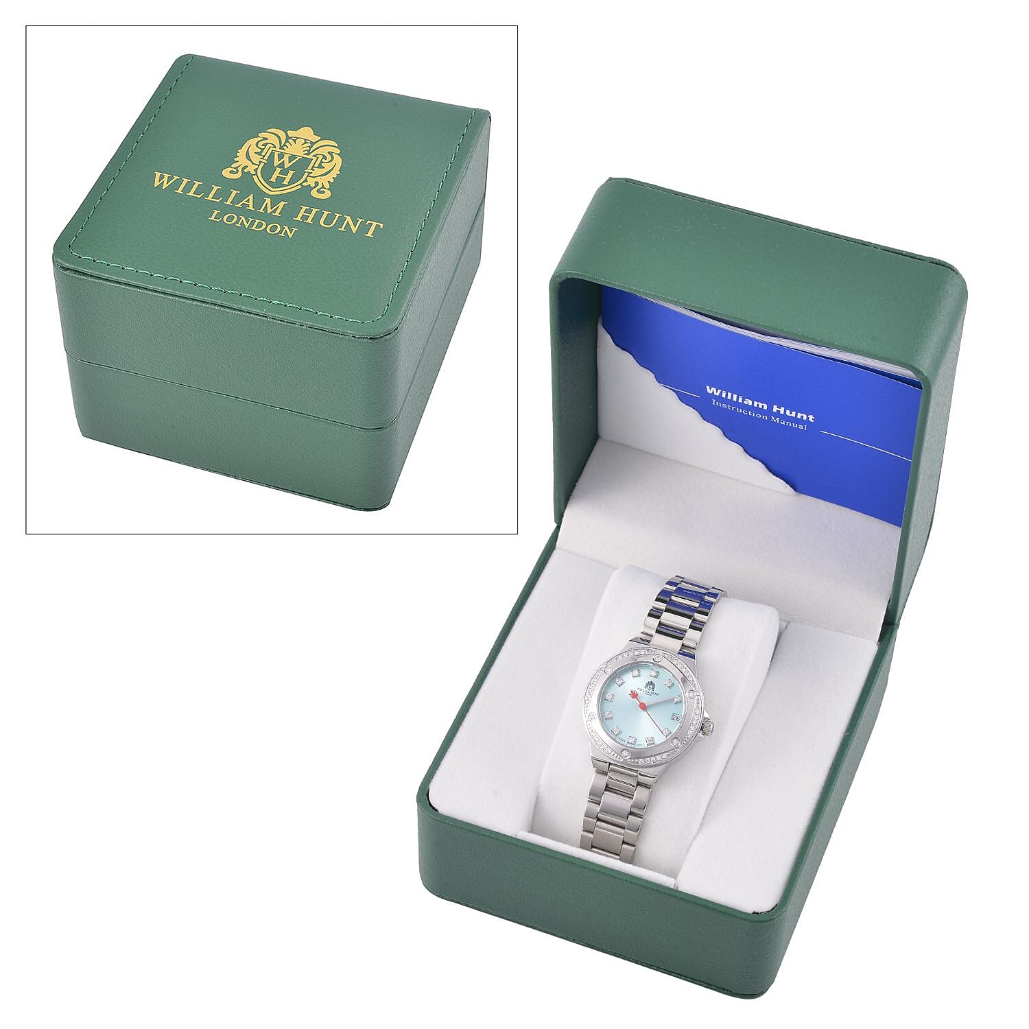 William Hunt Miyota Moissanite Studded Blue Dial Water Resistant Watch with Silver Chain Strap William Hunt Miyota Moissanite Studded Blue Dial Water Resistant Watch with Silver Chain Strap