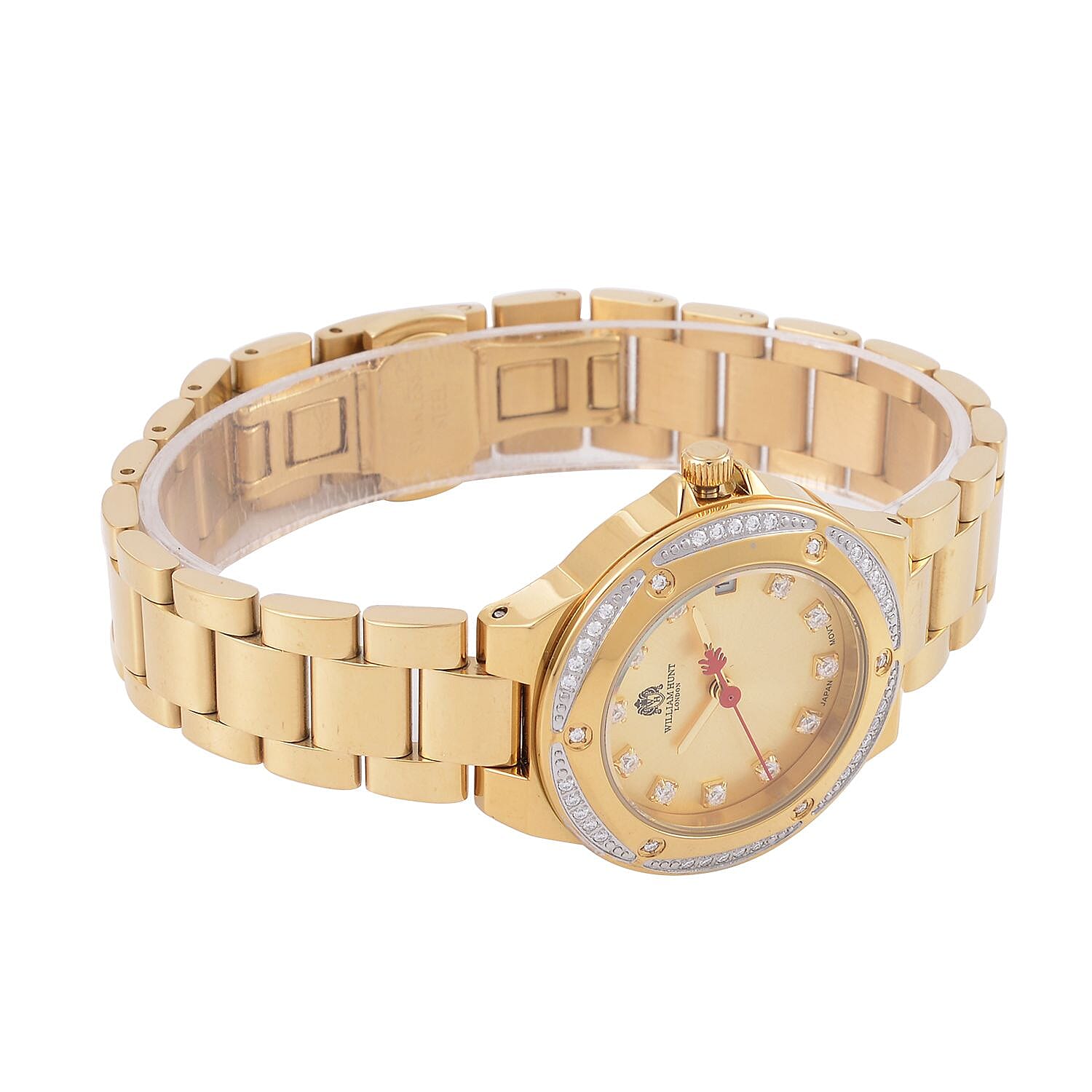 William Hunt Miyota Moissanite Studded Golden Dial Water Resistant Watch with Chain Strap William Hunt Miyota Moissanite Studded Golden Dial Water Resistant Watch with Chain Strap