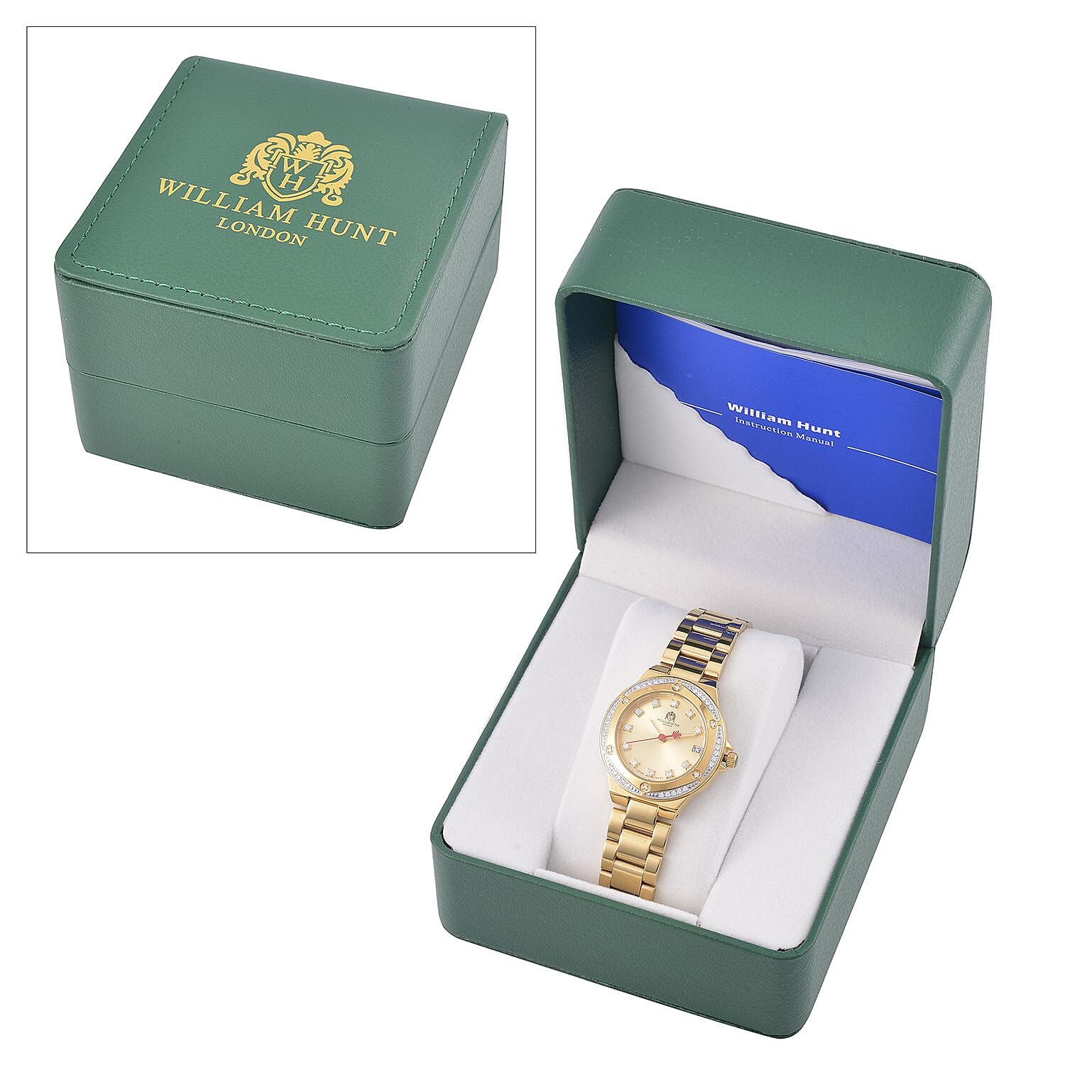 William Hunt Miyota Moissanite Studded Golden Dial Water Resistant Watch with Chain Strap William Hunt Miyota Moissanite Studded Golden Dial Water Resistant Watch with Chain Strap