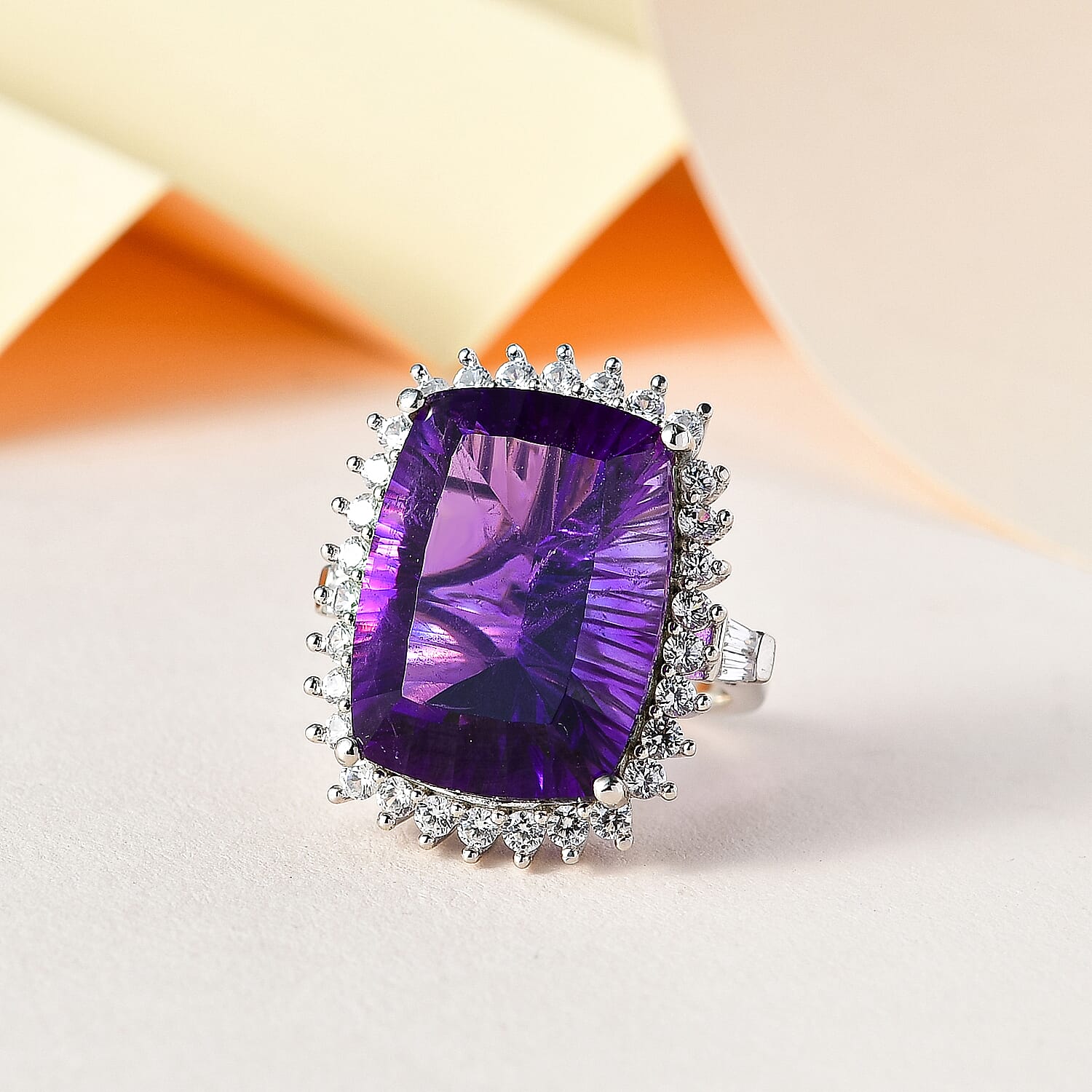 TJC Launch Concave Cut Amethyst & Natural Zircon Ring in Platinum Overlay Sterling Silver 20.32 Ct, Silver Wt. 5.63 Gms.