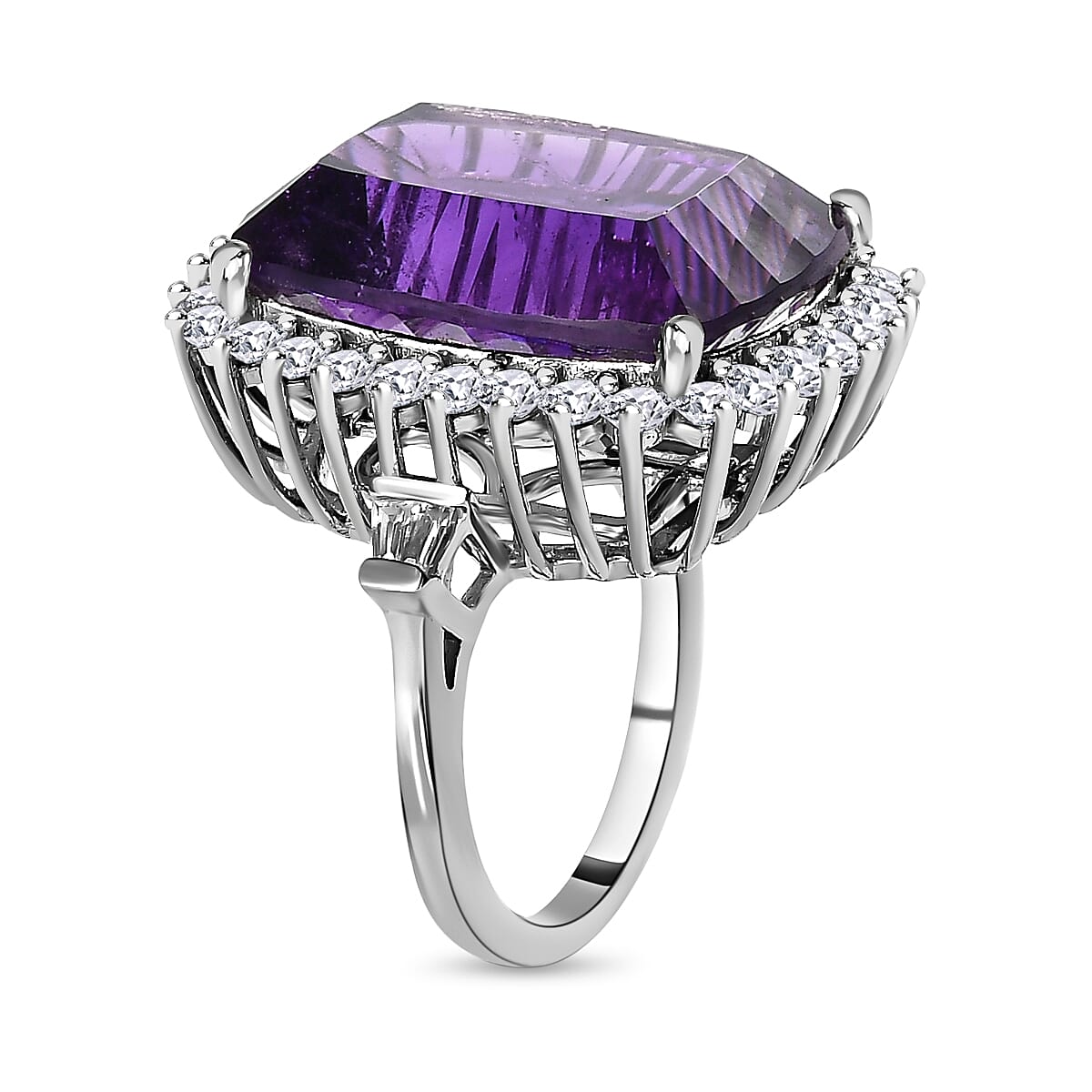 TJC Launch Concave Cut Amethyst & Natural Zircon Ring in Platinum Overlay Sterling Silver 20.32 Ct, Silver Wt. 5.63 Gms.