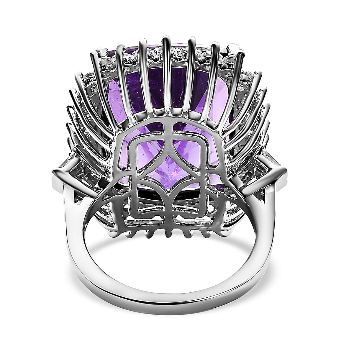 TJC Launch Concave Cut Amethyst & Natural Zircon Ring in Platinum Overlay Sterling Silver 20.32 Ct, Silver Wt. 5.63 Gms.