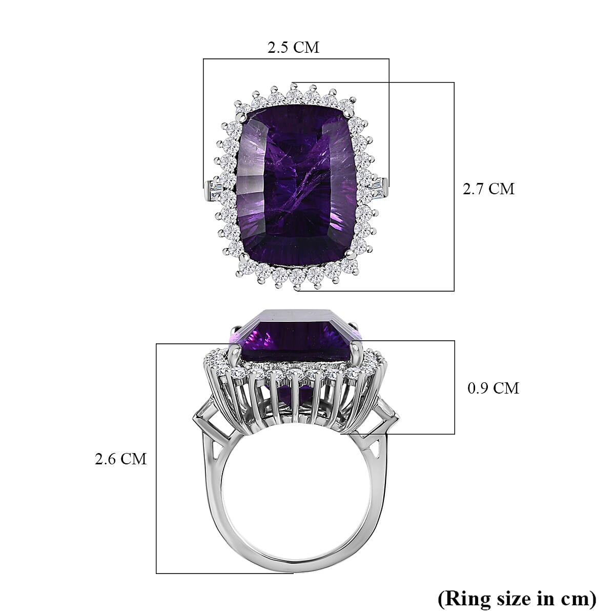 TJC Launch Concave Cut Amethyst & Natural Zircon Ring in Platinum Overlay Sterling Silver 20.32 Ct, Silver Wt. 5.63 Gms.