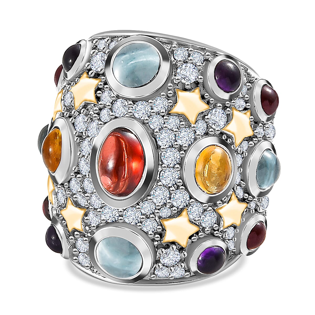GP- Celestial Dream Collection - Red Garnet and Multi Gemstone Cluster Ring in Platinum and 18K Yellow Gold Vermeil Plated Sterling Silver 7.00 Ct, Silver Wt 11.84 GM