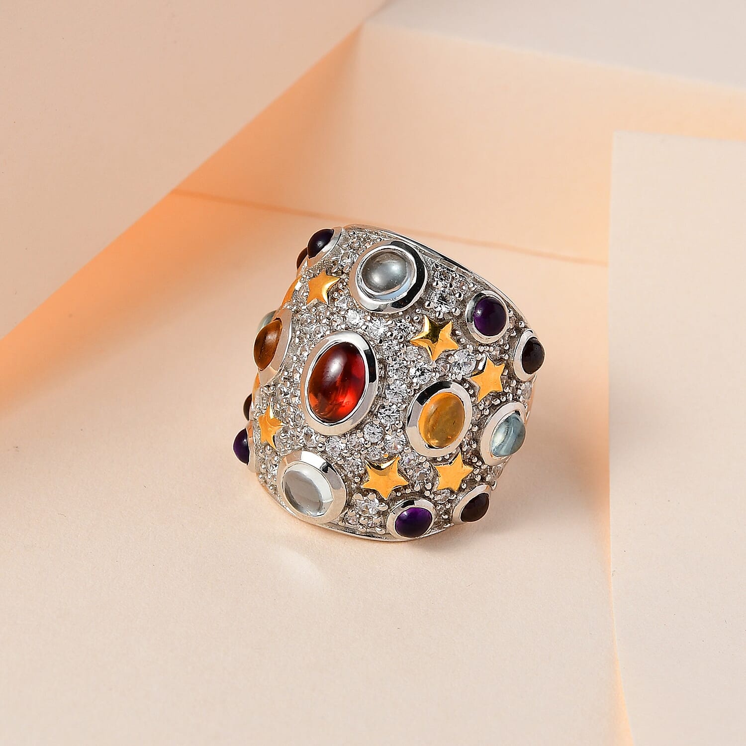 GP- Celestial Dream Collection - Red Garnet and Multi Gemstone Cluster Ring in Platinum and 18K Yellow Gold Vermeil Plated Sterling Silver 7.00 Ct, Silver Wt 11.84 GM