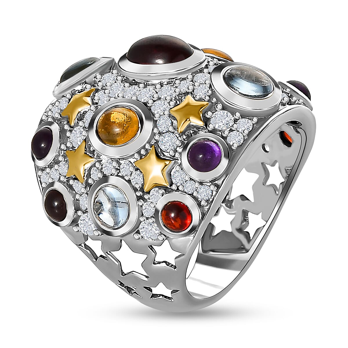 GP- Celestial Dream Collection - Red Garnet and Multi Gemstone Cluster Ring in Platinum and 18K Yellow Gold Vermeil Plated Sterling Silver 7.00 Ct, Silver Wt 11.84 GM