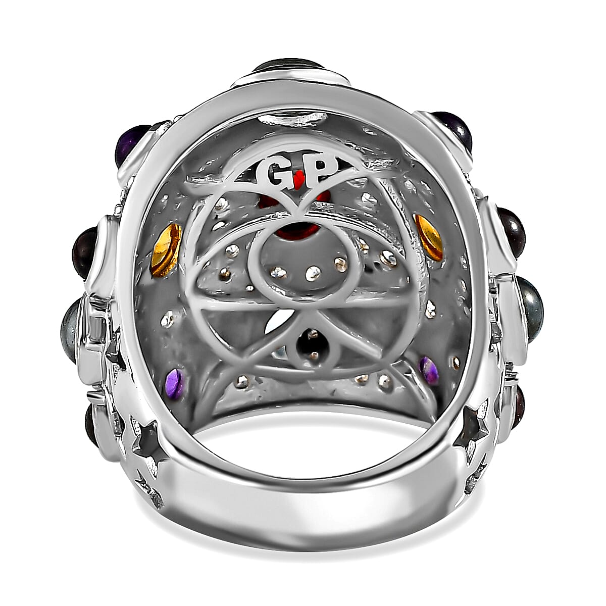 GP- Celestial Dream Collection - Red Garnet and Multi Gemstone Cluster Ring in Platinum and 18K Yellow Gold Vermeil Plated Sterling Silver 7.00 Ct, Silver Wt 11.84 GM