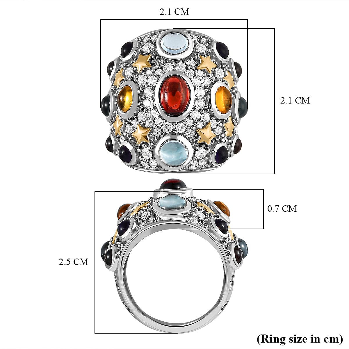 GP- Celestial Dream Collection - Red Garnet and Multi Gemstone Cluster Ring in Platinum and 18K Yellow Gold Vermeil Plated Sterling Silver 7.00 Ct, Silver Wt 11.84 GM
