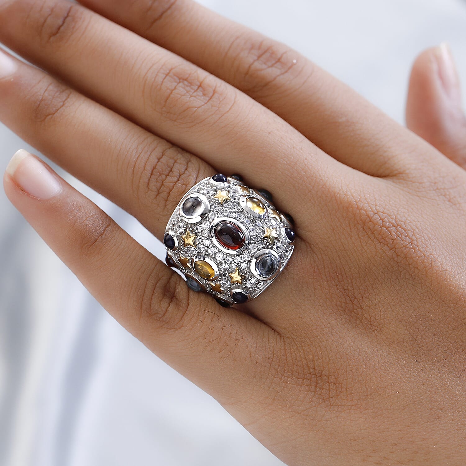 GP- Celestial Dream Collection - Red Garnet and Multi Gemstone Cluster Ring in Platinum and 18K Yellow Gold Vermeil Plated Sterling Silver 7.00 Ct, Silver Wt 11.84 GM