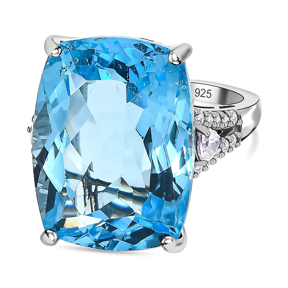 Blue Topaz & Natural Zircon Ring in Platinum Overlay Sterling Silver 25.98 Ct.