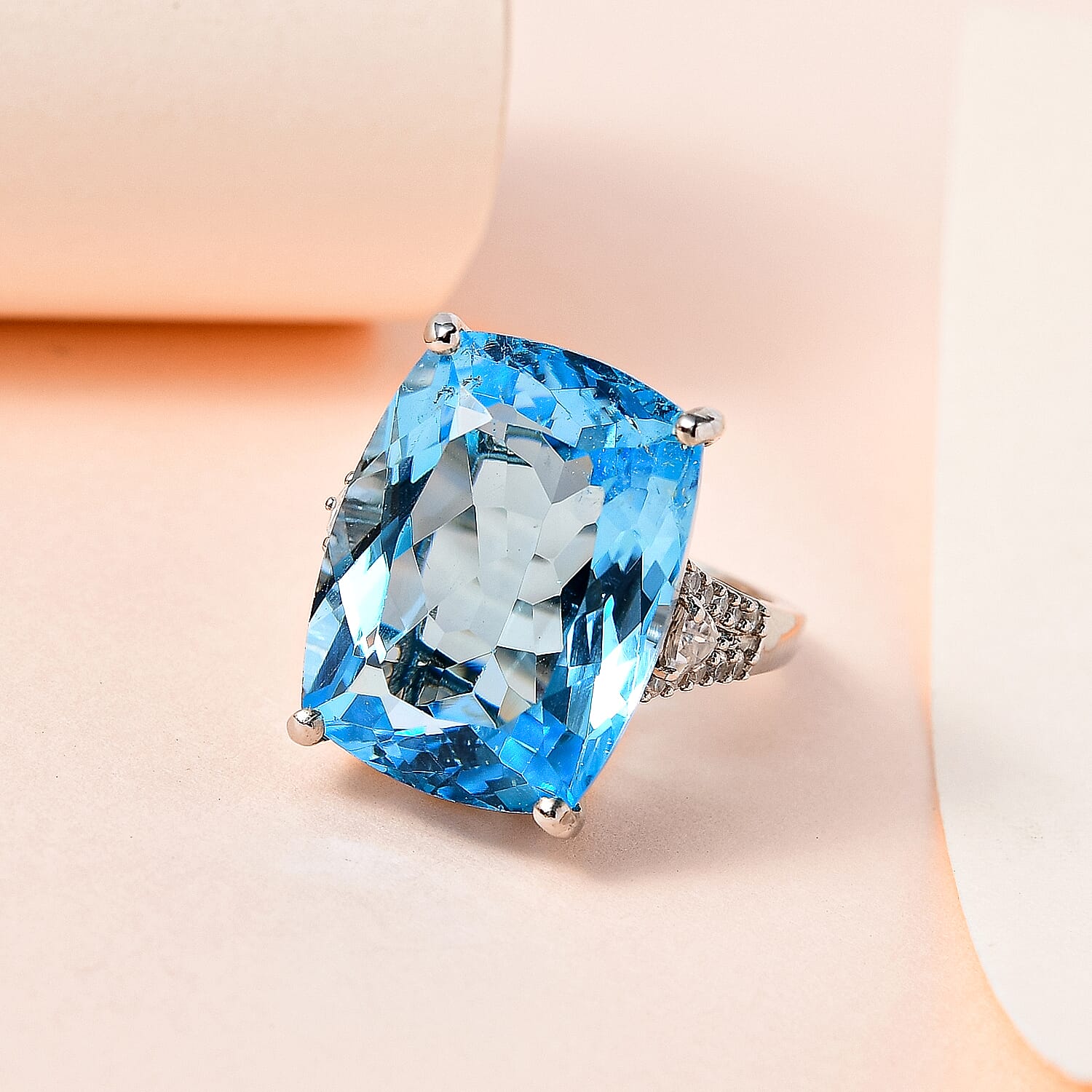 Blue Topaz & Natural Zircon Ring in Platinum Overlay Sterling Silver 25.98 Ct.
