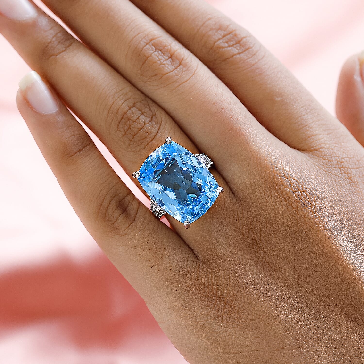 Blue Topaz & Natural Zircon Ring in Platinum Overlay Sterling Silver 25.98 Ct.