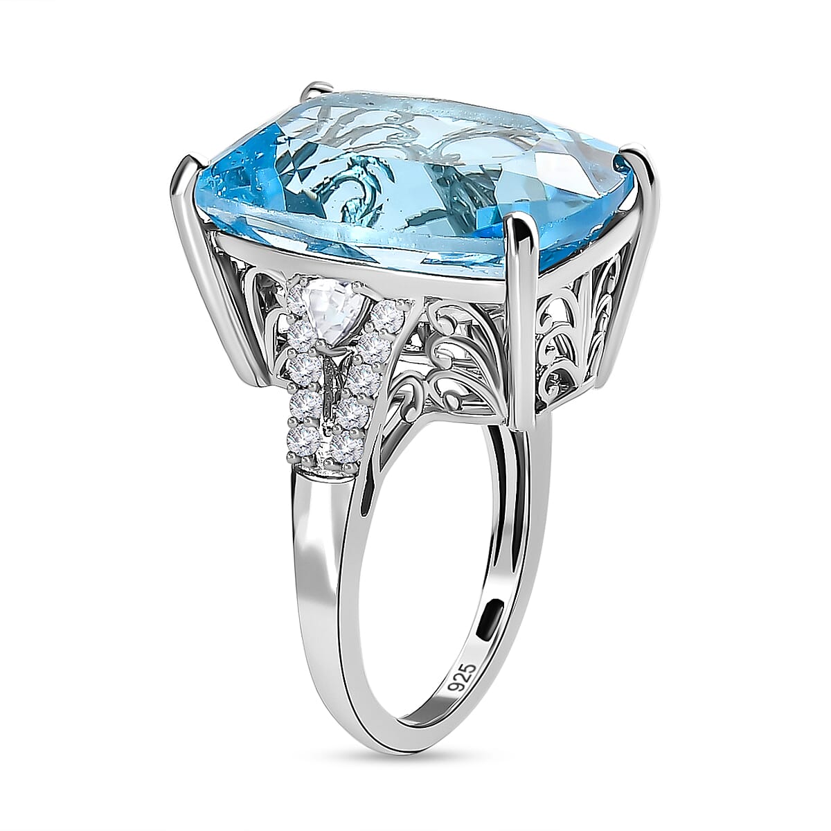 Blue Topaz & Natural Zircon Ring in Platinum Overlay Sterling Silver 25.98 Ct.