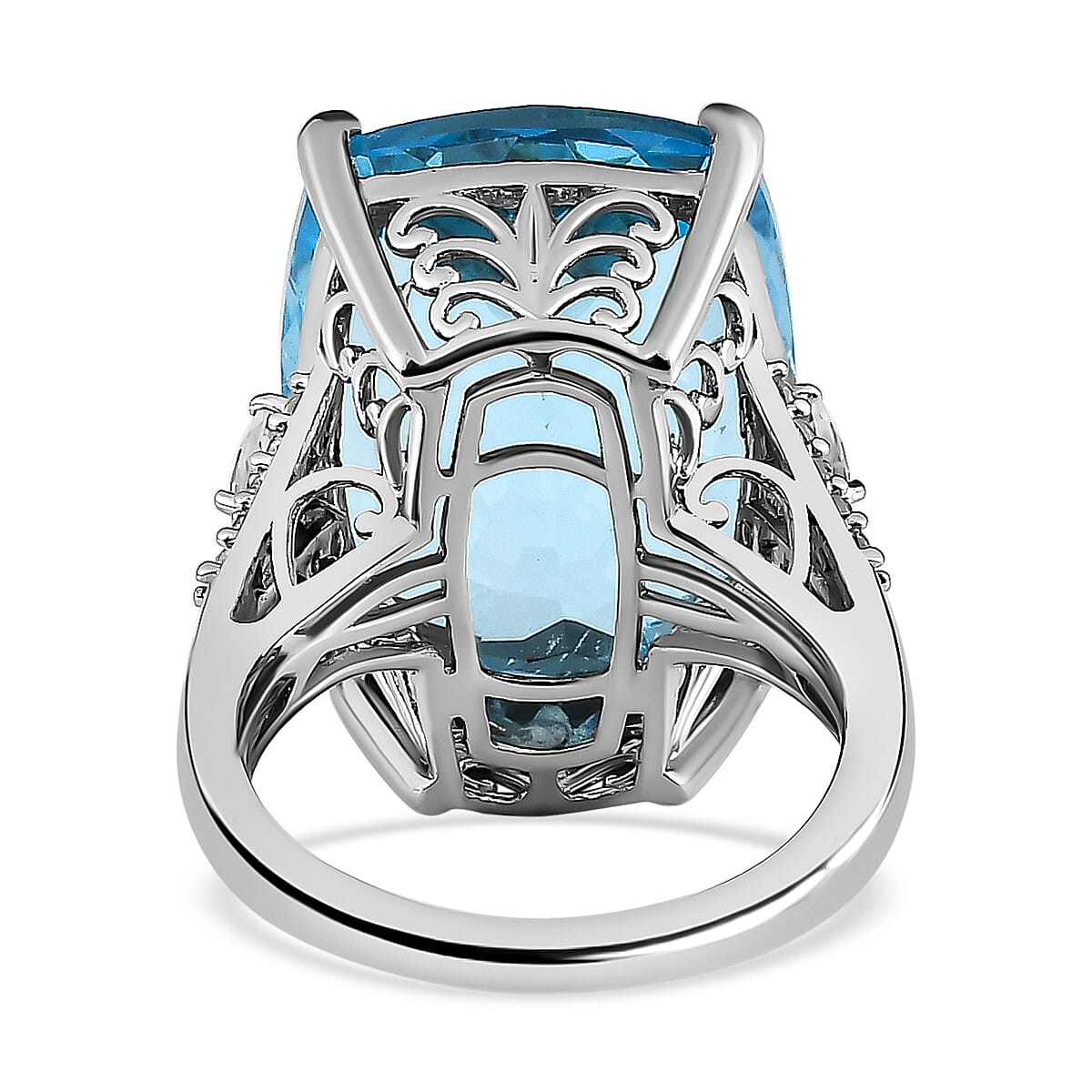 Blue Topaz & Natural Zircon Ring in Platinum Overlay Sterling Silver 25.98 Ct.