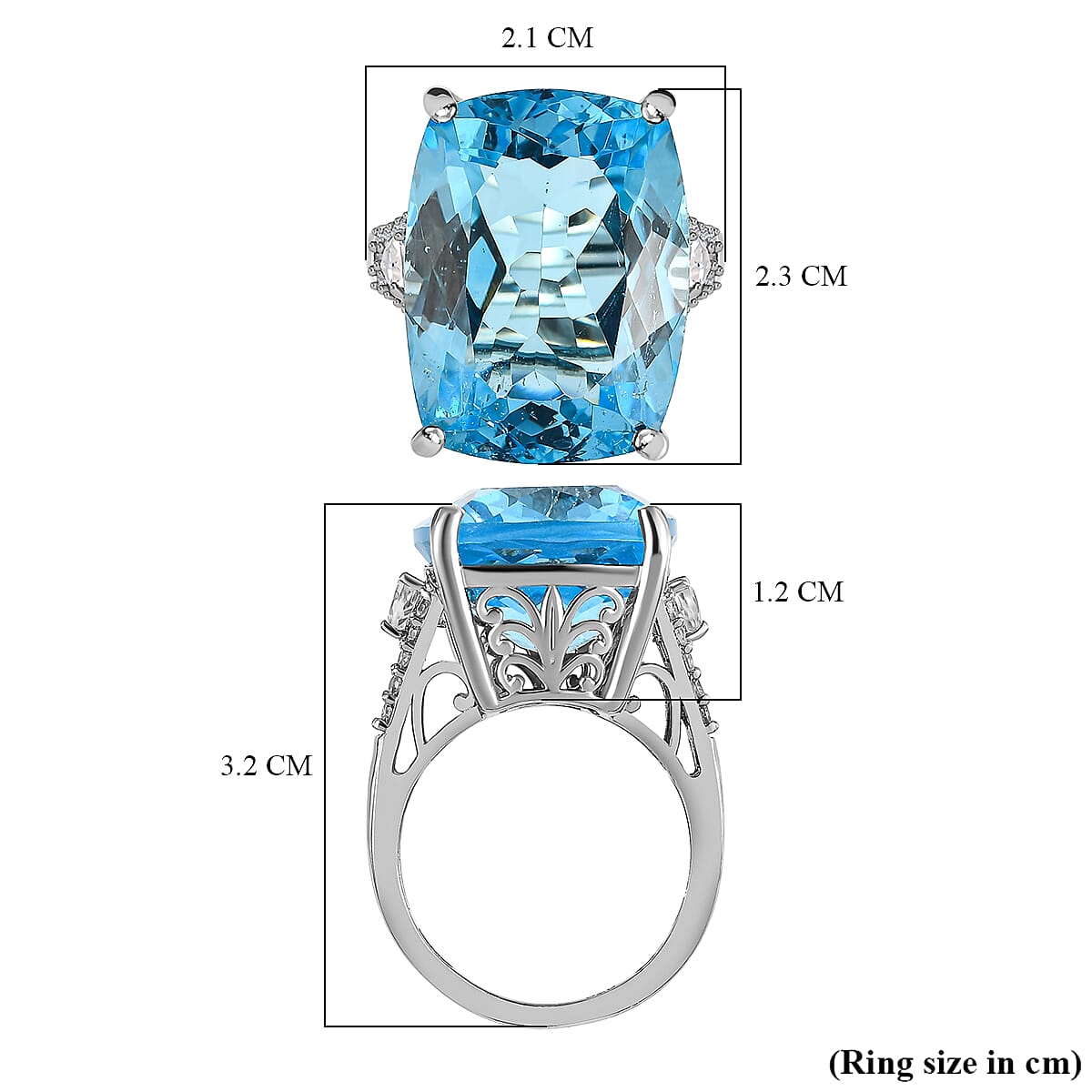 Blue Topaz & Natural Zircon Ring in Platinum Overlay Sterling Silver 25.98 Ct.