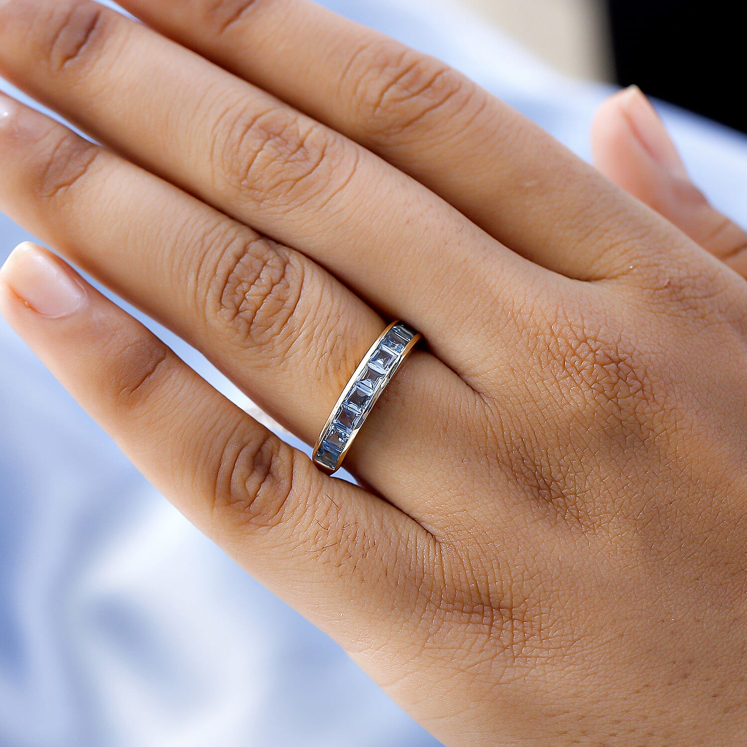 9K Yellow Gold Santamaria Aquamarine Half-Eternity Band Ring 1.17 Ct