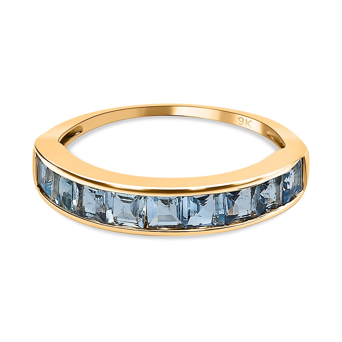 9K Yellow Gold Santamaria Aquamarine Half-Eternity Band Ring 1.17 Ct
