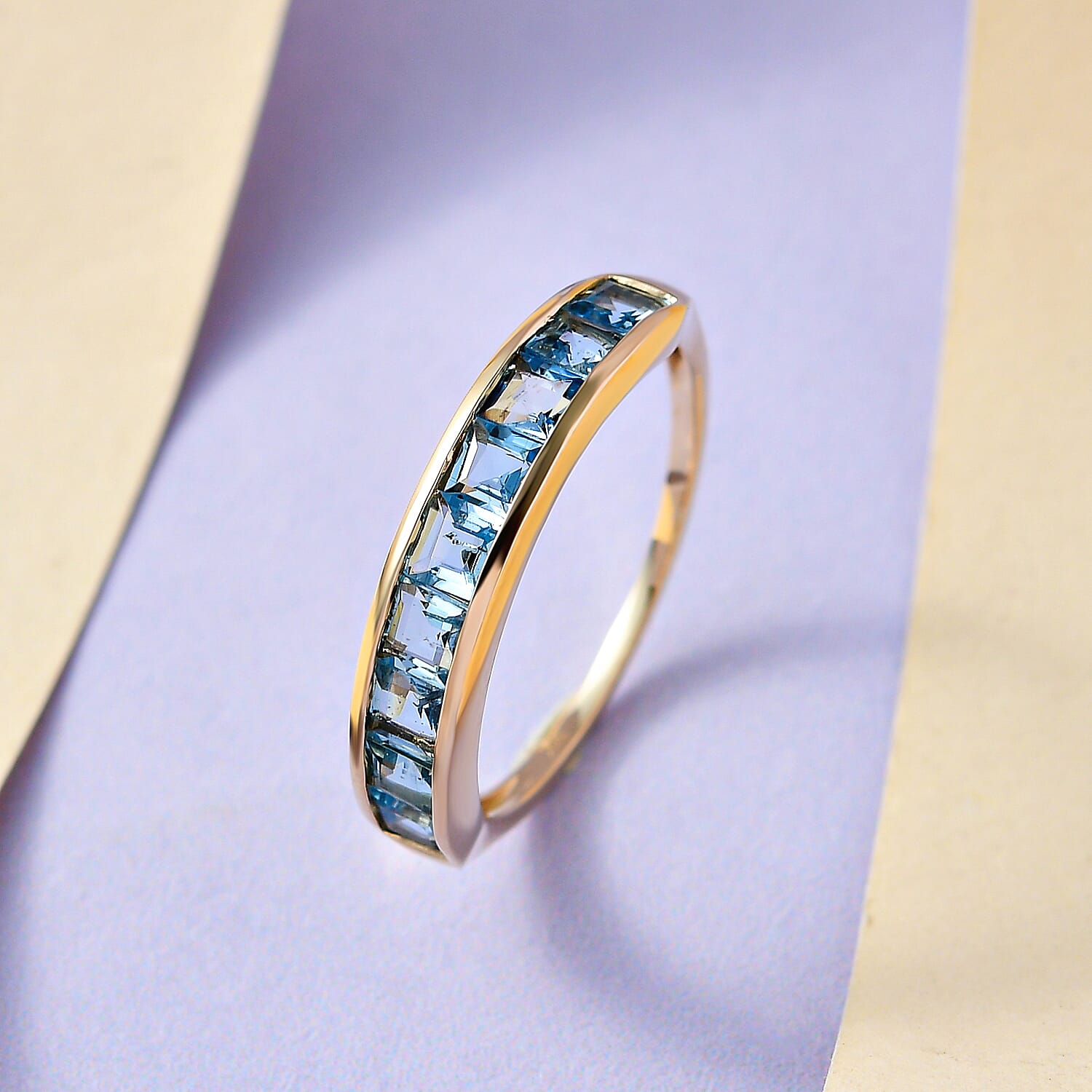 9K Yellow Gold Santamaria Aquamarine Half-Eternity Band Ring 1.17 Ct