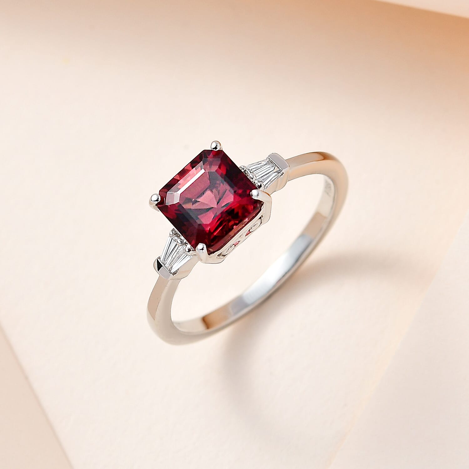 950 Platinum AAAA Rubellite (Asscher Cut 2.00Ct) & Diamond (EF-VS) (0.124Ct) Ring