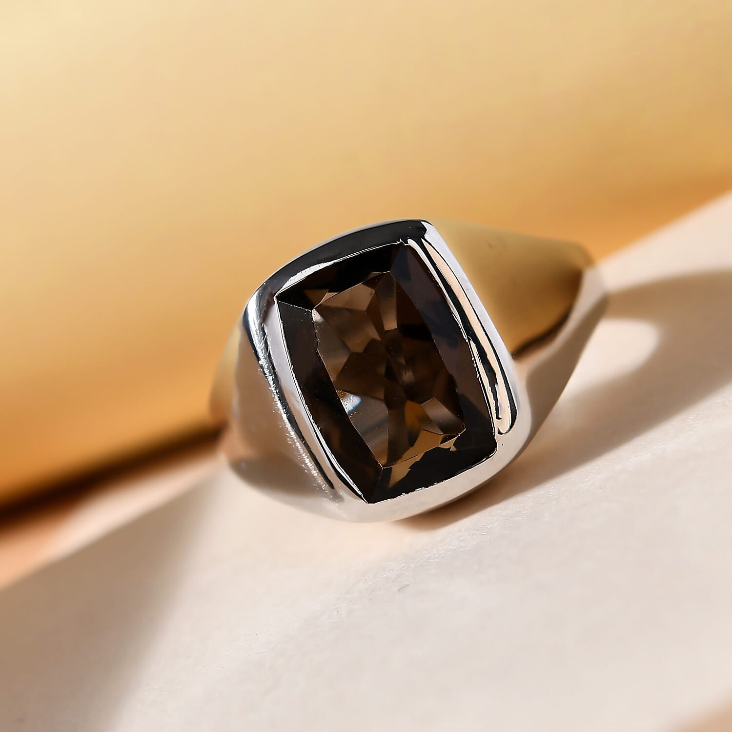 Smoky Quartz Mens Ring in Yellow Gold Tone