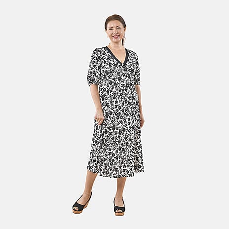 Tamsy 100% Viscose Floral Pattern Lace Trim Dress  - Black and Multi