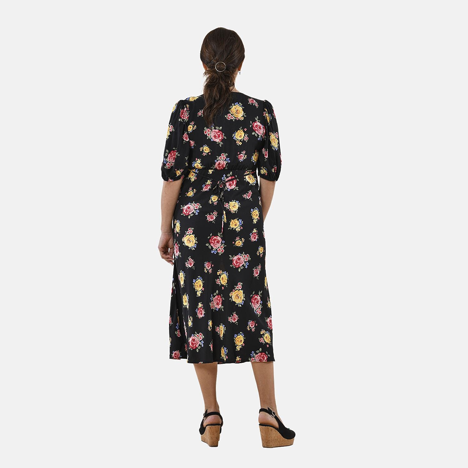 100% Viscose Floral Pattern Tea Dress with Lace detail (Size 12) - Black & Multi